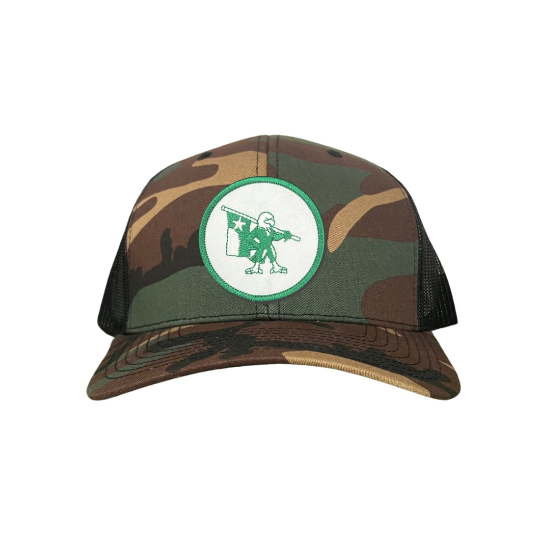 Eagle Battle Flag Circle UNT Mesh Snapback Hat - Black/Gold/Green