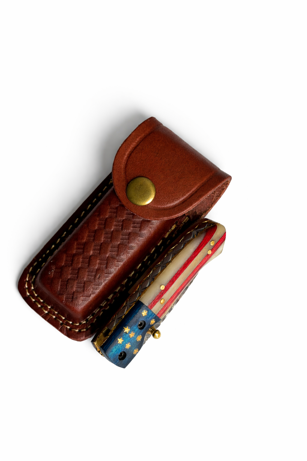 Damascus Steel Folding Knife with Patriotic Red White and Blue