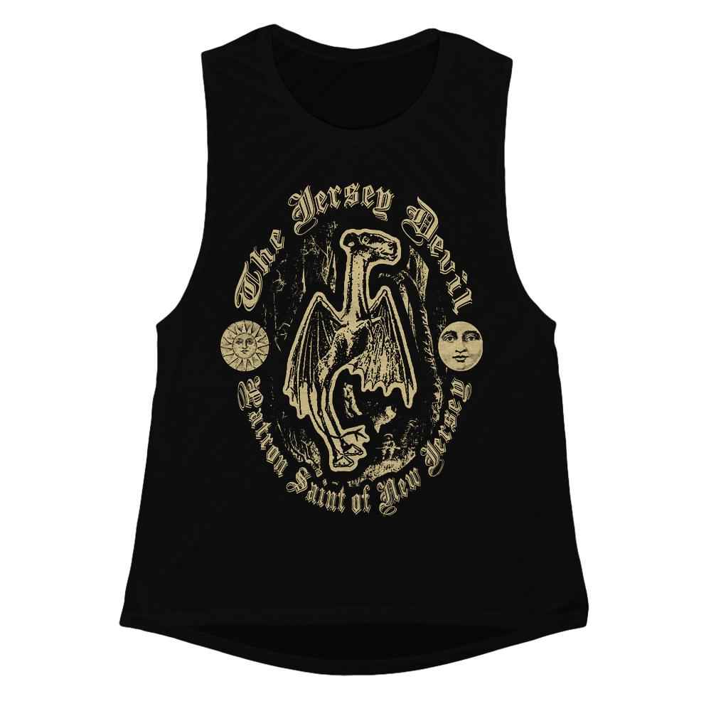 Black tank top with gold Jersey Devil Patron Saint graphic for girls