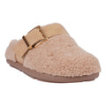 Tan faux fur mule slipper with gold-tone buckle detail and cushioned sole