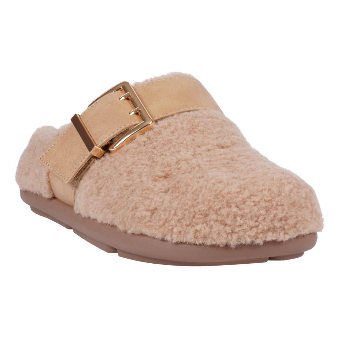 Tan faux fur mule slipper with gold-tone buckle detail and cushioned sole