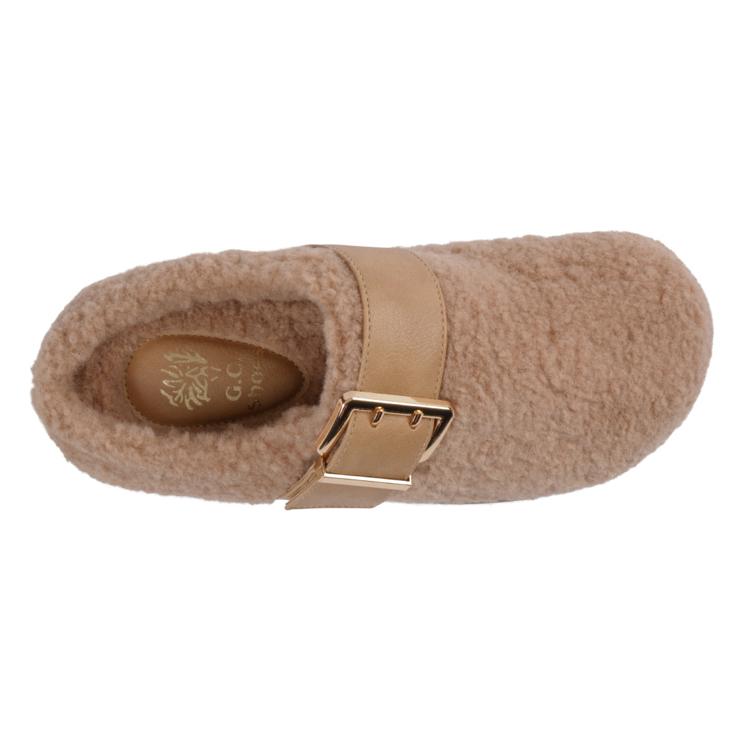 Women's Patsy Tan Faux Fur Mule Slipper with Buckle Detail - Image 4