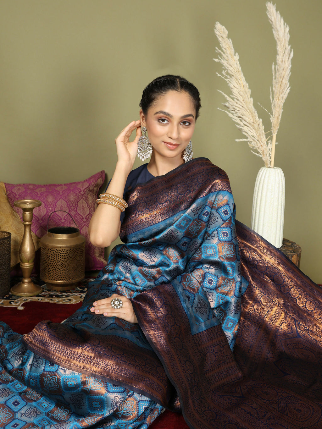 Sky Blue Lichi Silk Saree with Blue Blouse