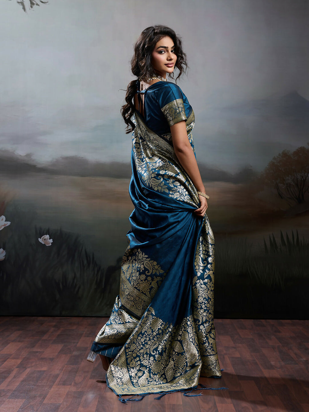 Navy Blue Silk Blend Saree with Matching Blouse Piece Elegant Drape