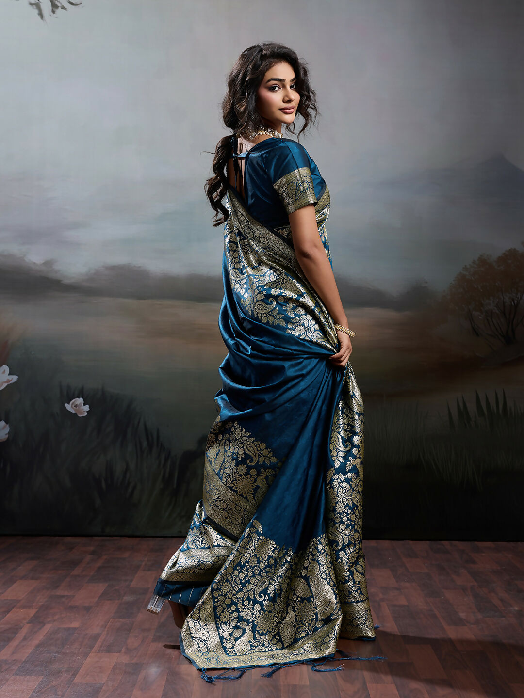 Navy Blue Silk Blend Saree with Matching Blouse Piece Elegant Drape