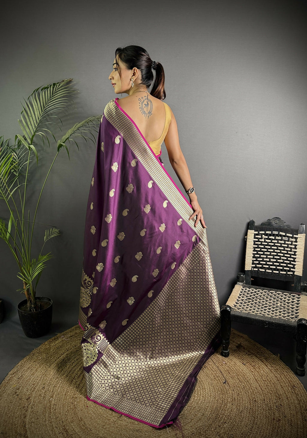 Joban Fashion Wine Banarasi Soft Lichi Silk Paisley Saree