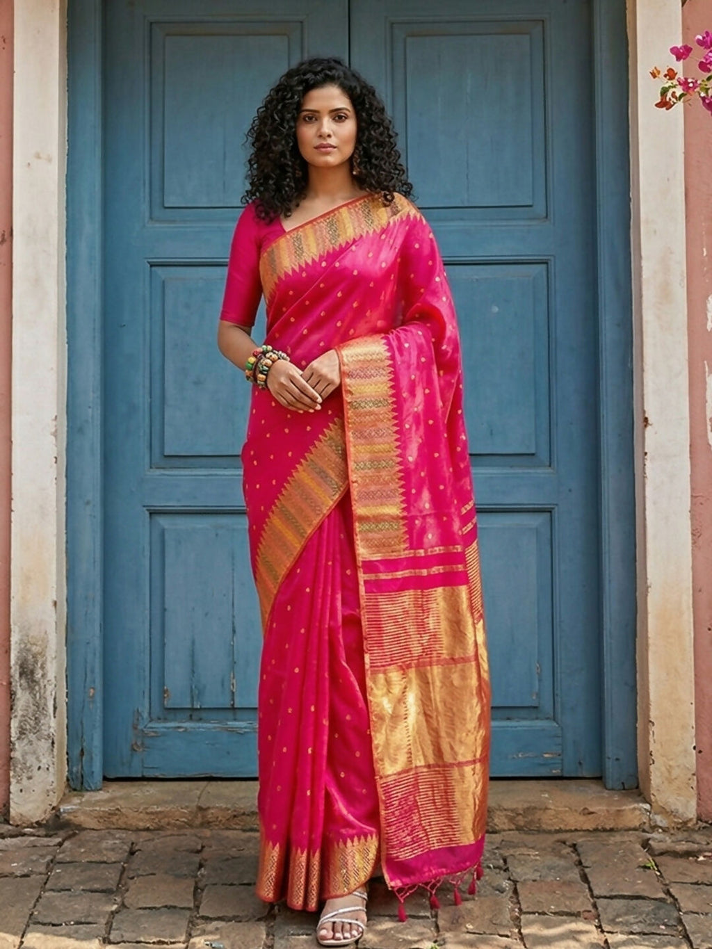Vibrant pink silk blend saree with matching blouse fabric