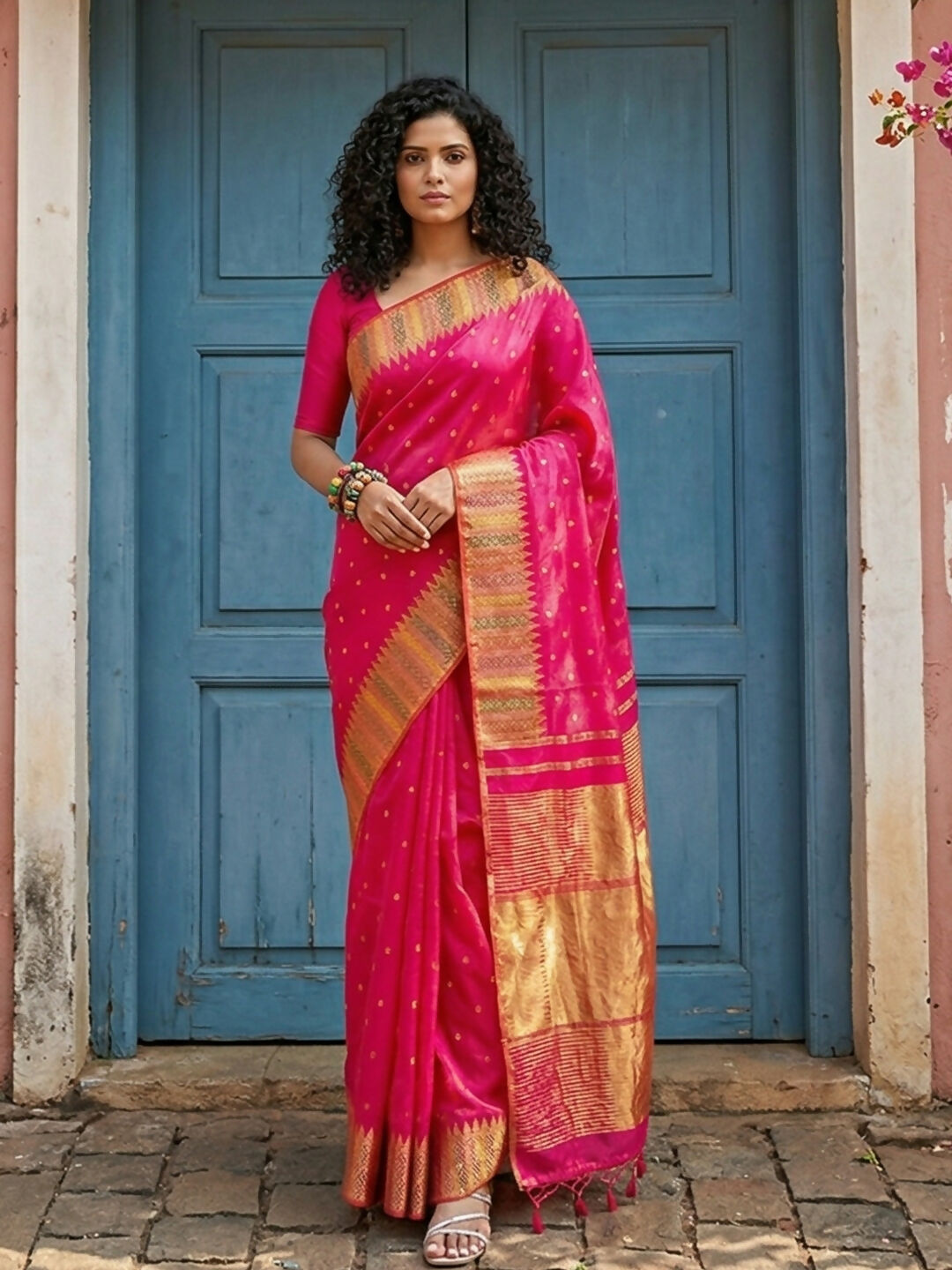 Vibrant pink silk blend saree with matching blouse fabric