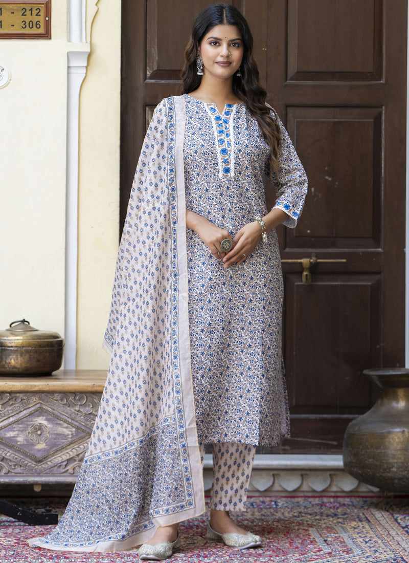 Light-beige cotton Kota checks salwar suit set with dupatta