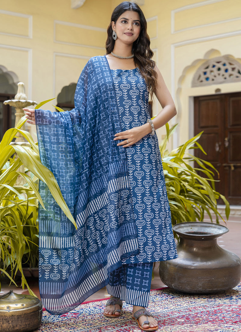 Blue Cotton Kota Checks Salwar Suit set with matching accessories