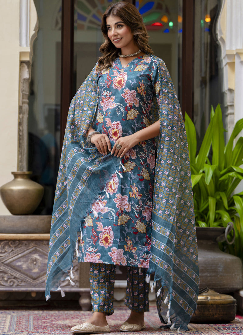 Teal Cotton Kota Checks Salwar Suit for Indian Festive Events