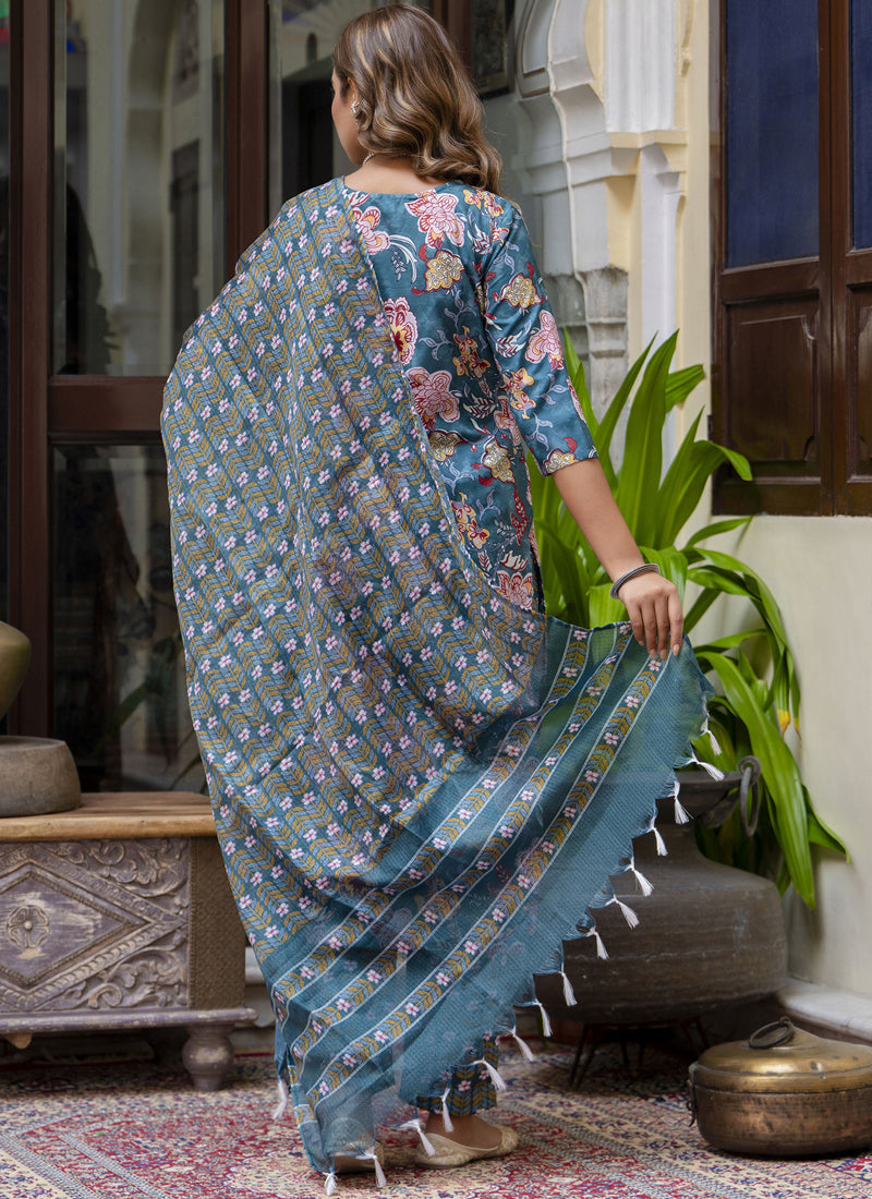Teal Cotton Kota Checks Salwar Suit for Indian Festive Events