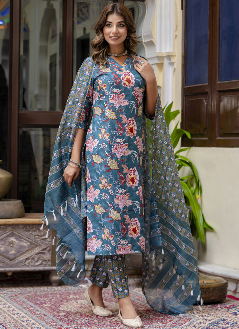 Teal Cotton Kota Checks Salwar Suit perfect for festive occasions