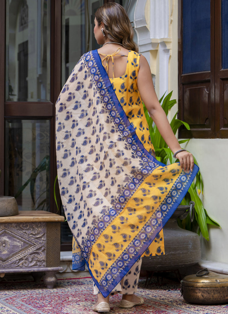 Yellow Embroidered Cotton Salwar Suit Set for Festive Wear