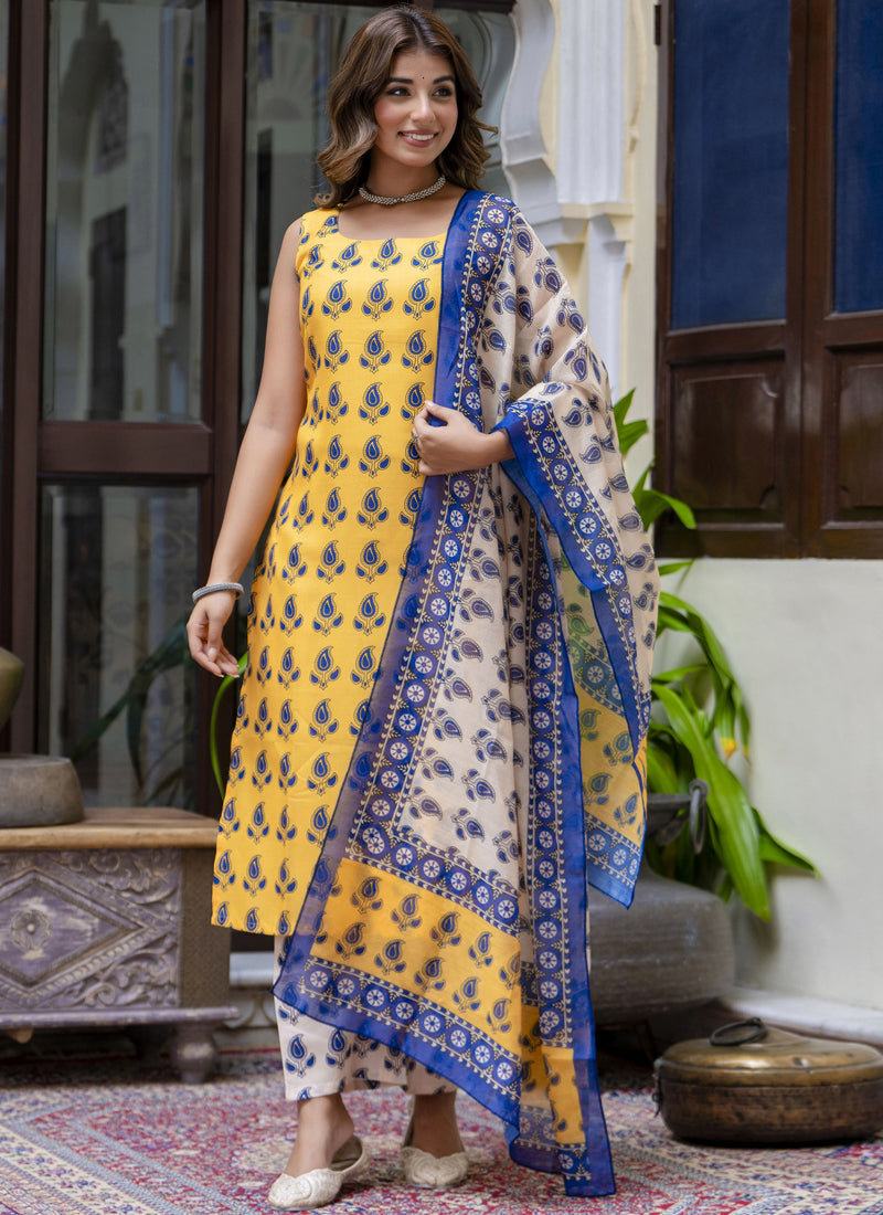 Yellow embroidered cotton salwar suit featuring a kurta, bottom, and matching dupatta
