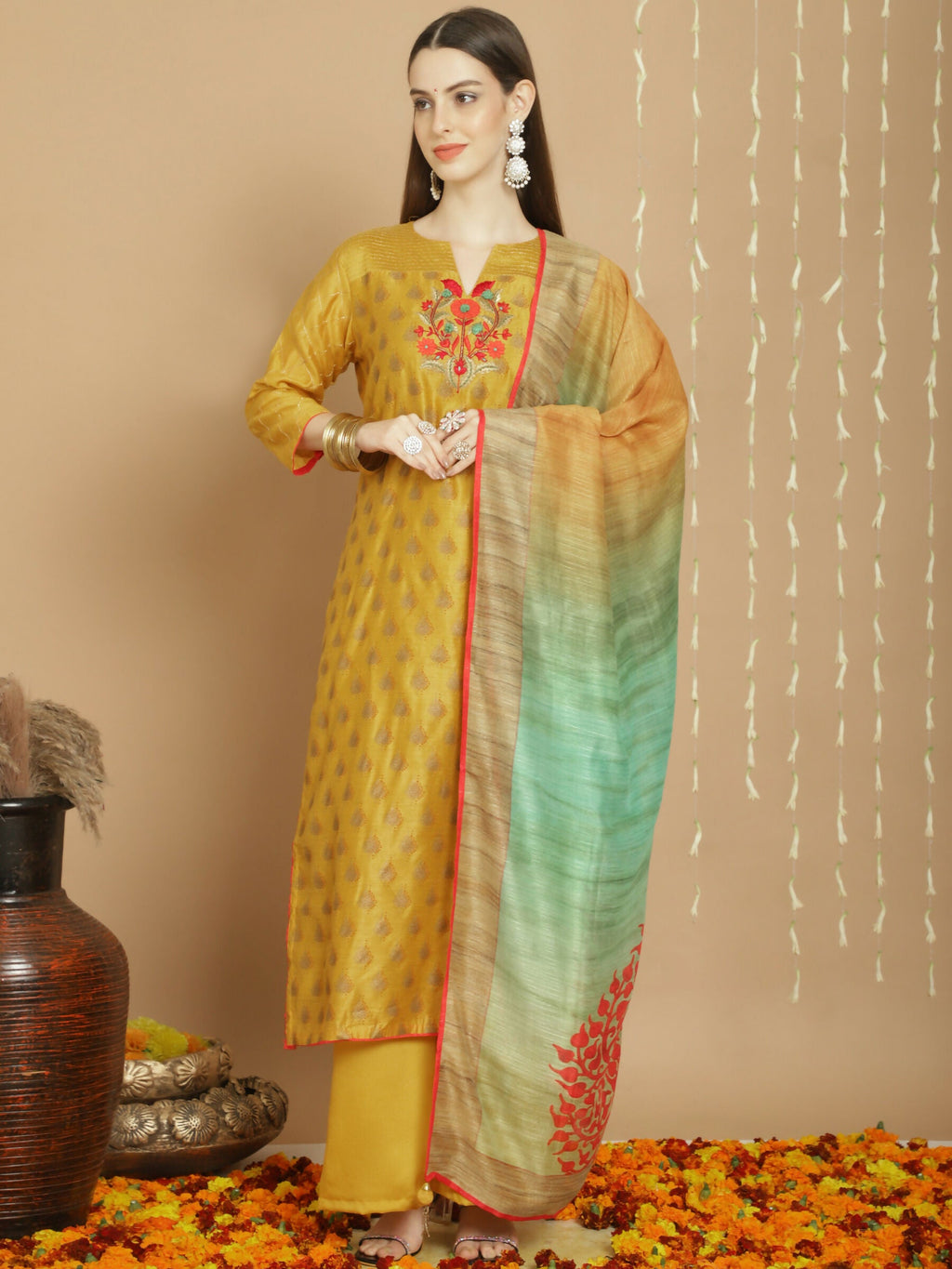 Yellow A-line Chanderi silk kurta set with palazzo pants and jardoshi detailing