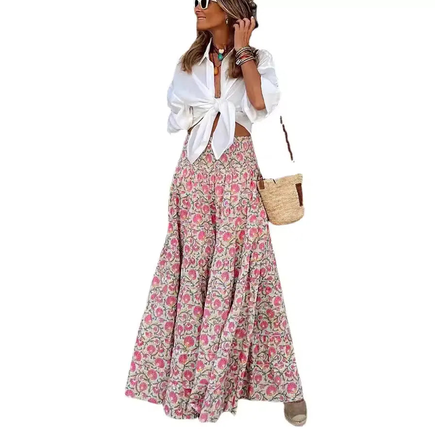 Summer Floral Maxi Skirt with Elastic Waist
