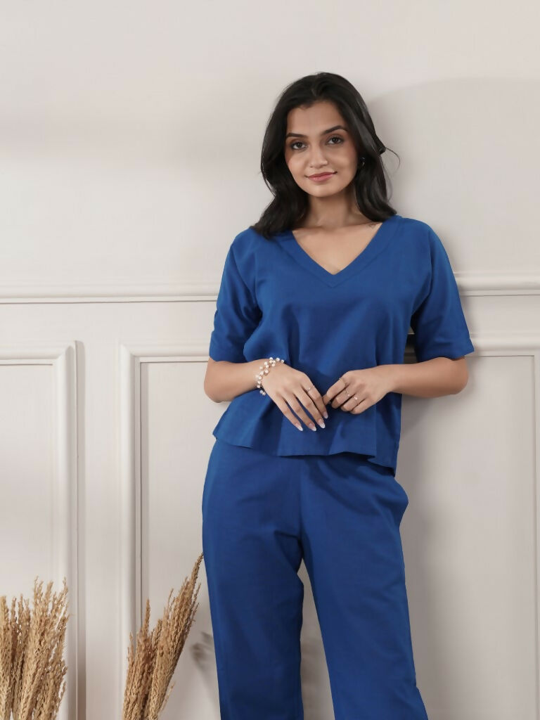 Royal Blue V-Neck Co-Ord Set for Women