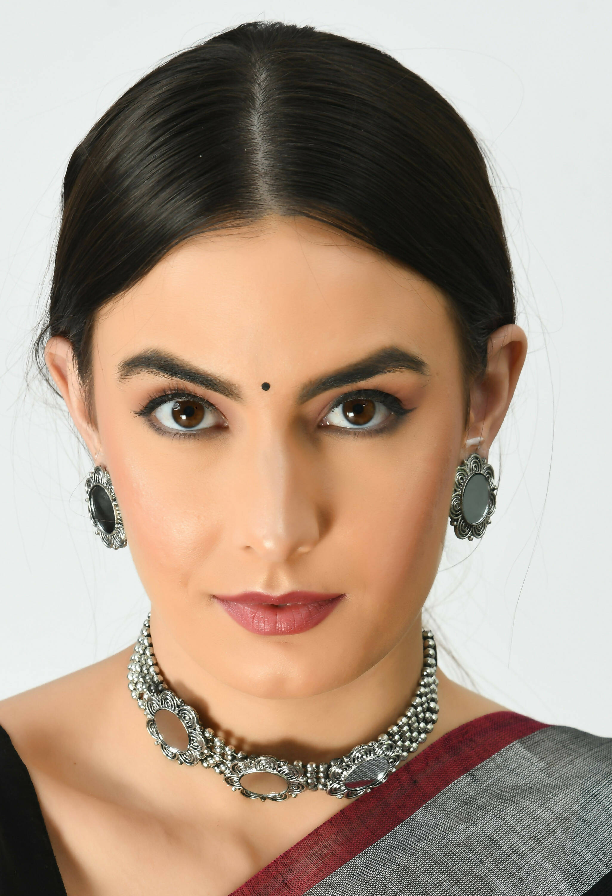 Oxidised Silver-Plated Mirror Work Choker Necklace Set