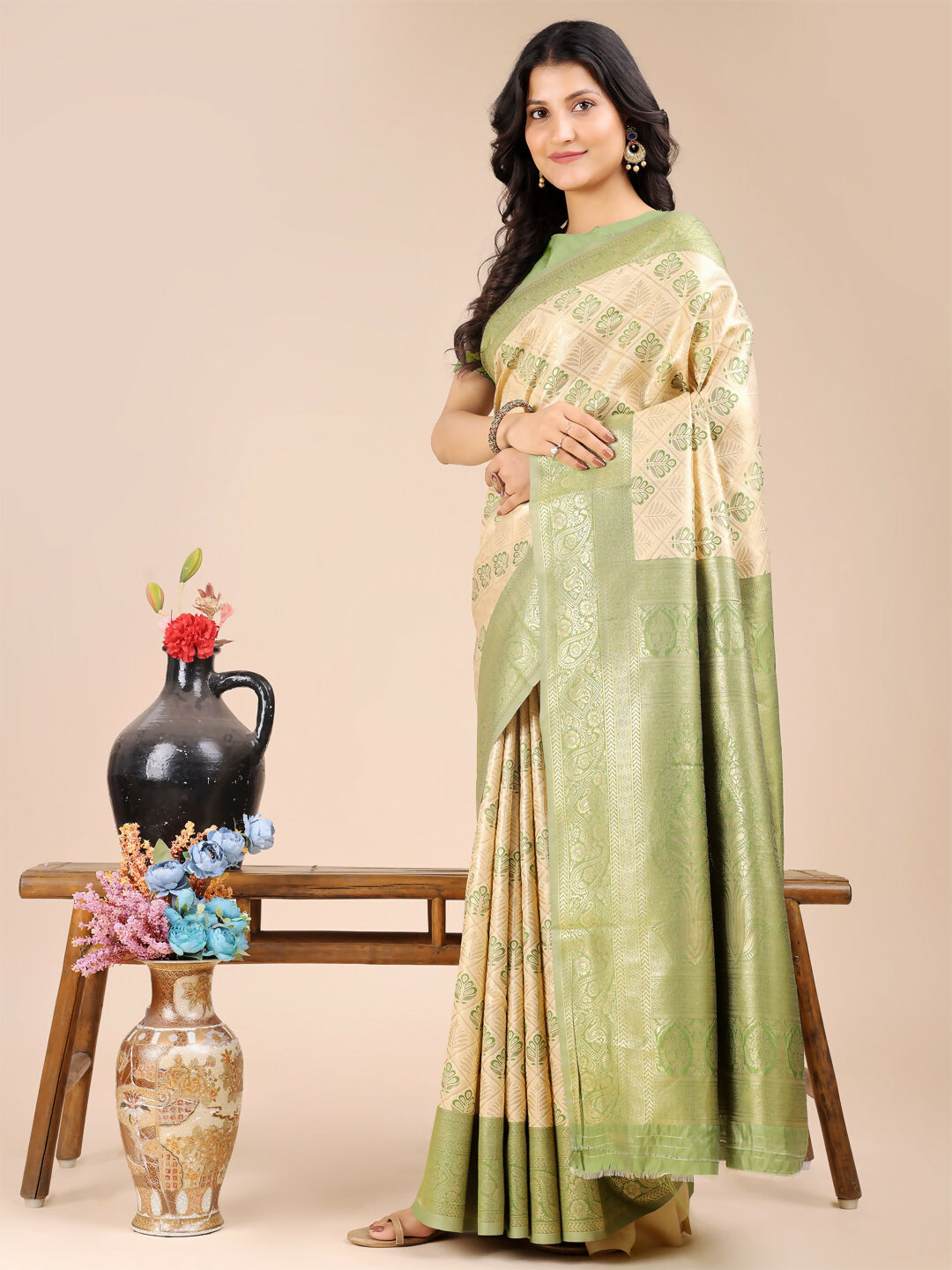 Cream and Light Green Banarasi Silk Saree - Traditional Draping