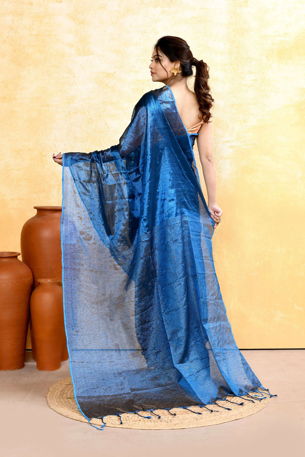 Blue Dual Tone Organic Tissue Saree with Unstitched Blouse Piece