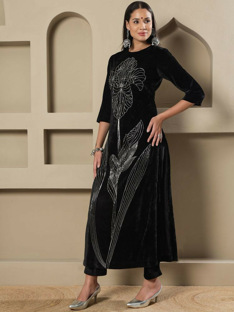 Black Velvet Kurta Set with Intricate Hand Embellishments