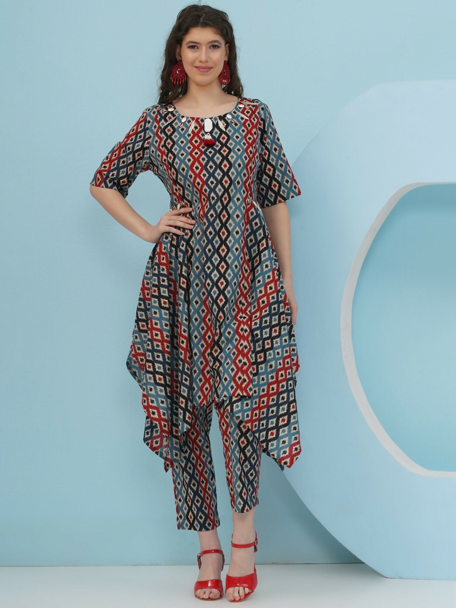 Blue Red Ikkat Printed Cotton Co-ord Set