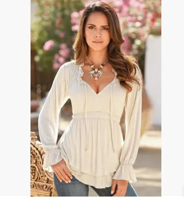 Women's Long Sleeve Dual Layer V-Neck Peplum Blouse - Image 15