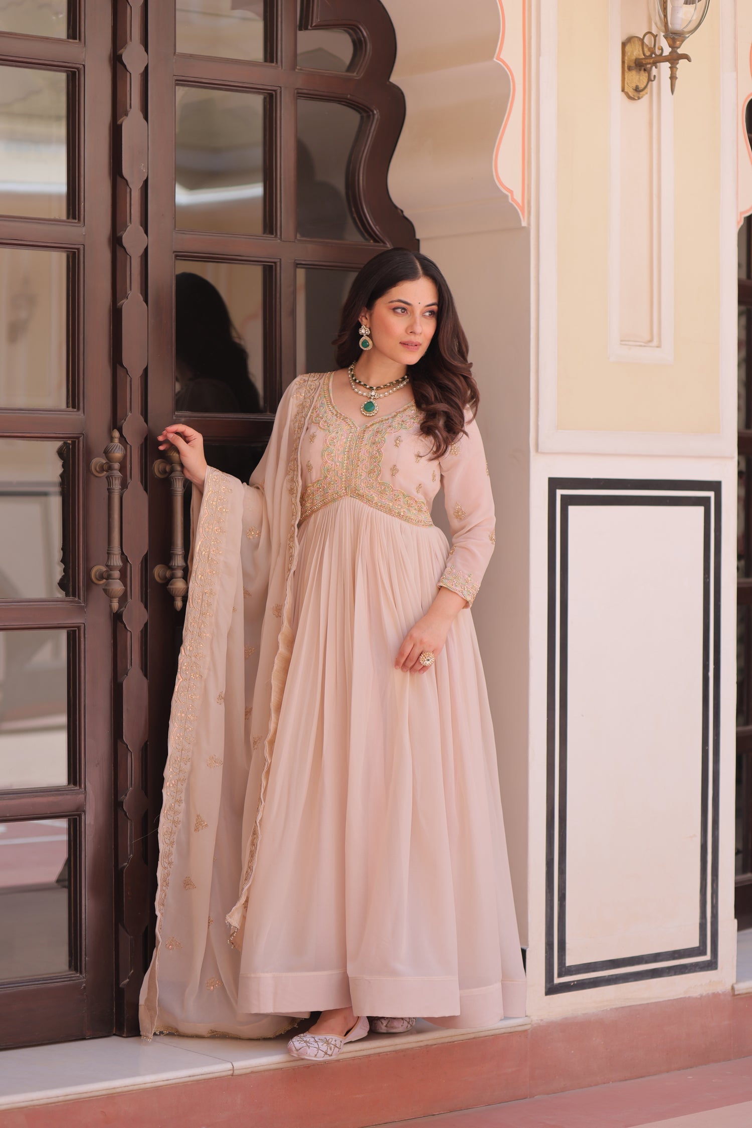 Peach Star Georgette Anarkali Gown with Multi Embroidered Work