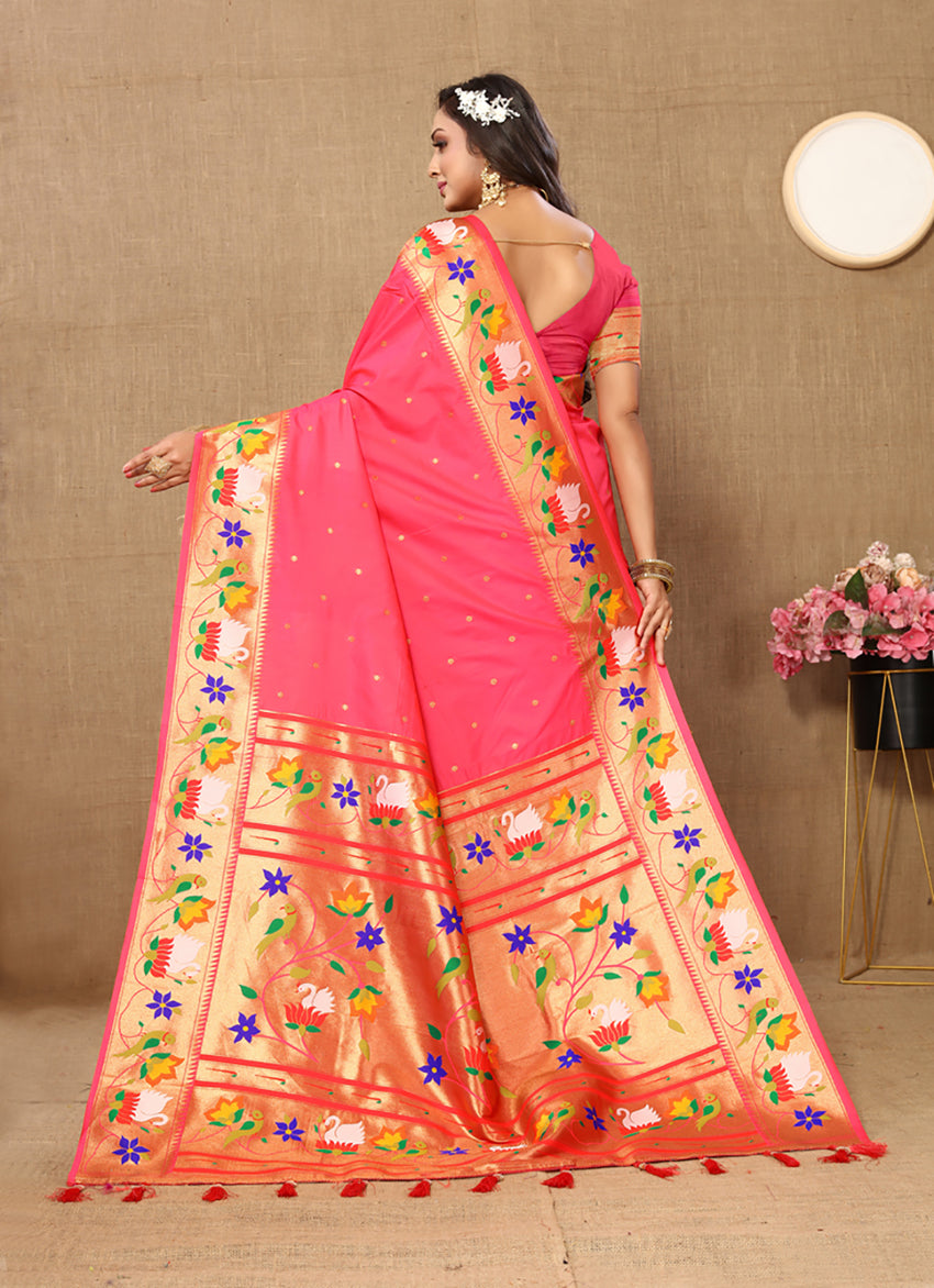 Peach Soft Paithani Silk Saree with Rich Zari Meenakari Weaving