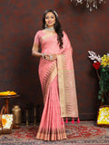Peach Soft Katan Silk saree with detailed gold zari weaving on the pallu.