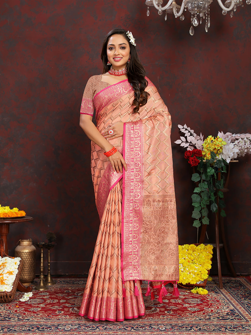 Peach soft katan silk saree featuring rich gold zari weaving on the pallu