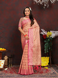 Peach soft katan silk saree featuring rich gold zari weaving on the pallu