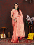 Peach Soft Katan Silk Saree with delicate zari weaving and matching blouse