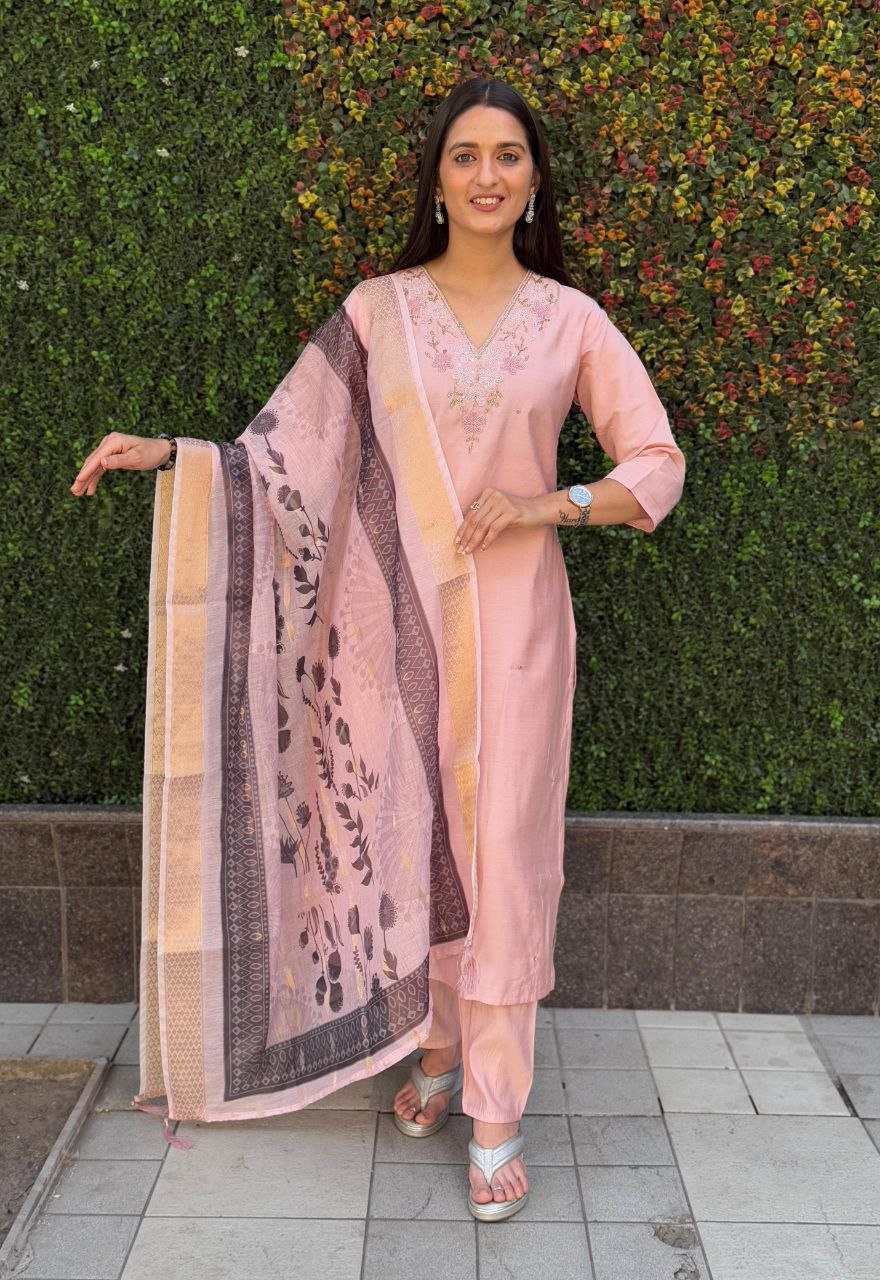 Peach Roman Silk Kurta Pant Set with Hand Work and Dupatta