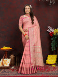Peach Soft Katan silk saree with Zari woven pallu, elegant drape