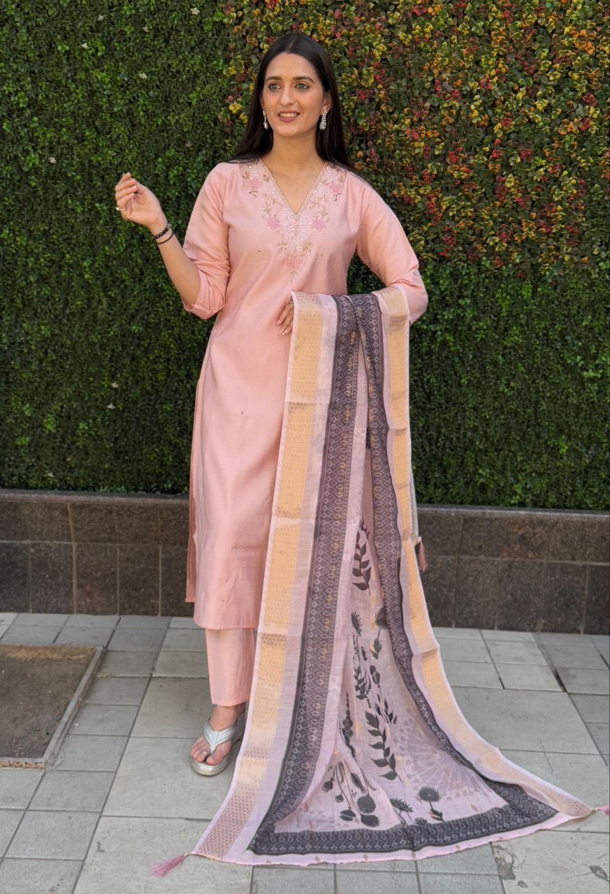 Peach Roman Silk Kurta Pant Set with Hand Work and Dupatta
