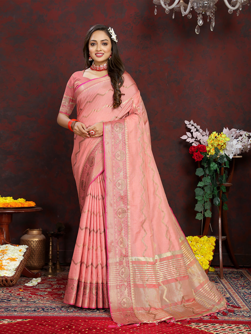 Peach Soft Katan Silk Saree with Zari Woven Pallu