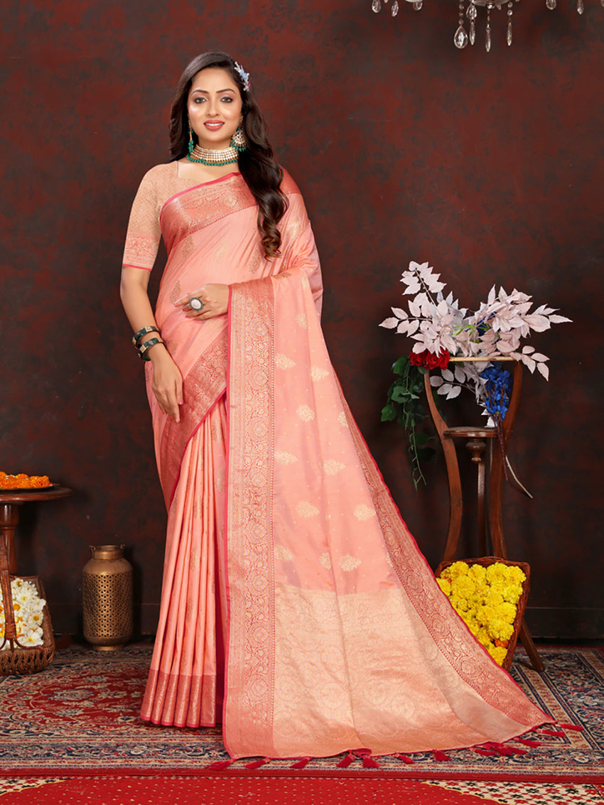 Peach Soft Katan Silk Saree with Intricate Zari Woven Pallu