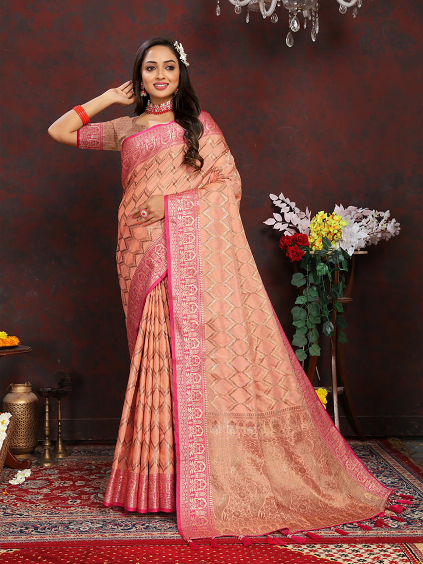 Peach Soft Katan Silk Saree with Rich Zari Weaving Pallu