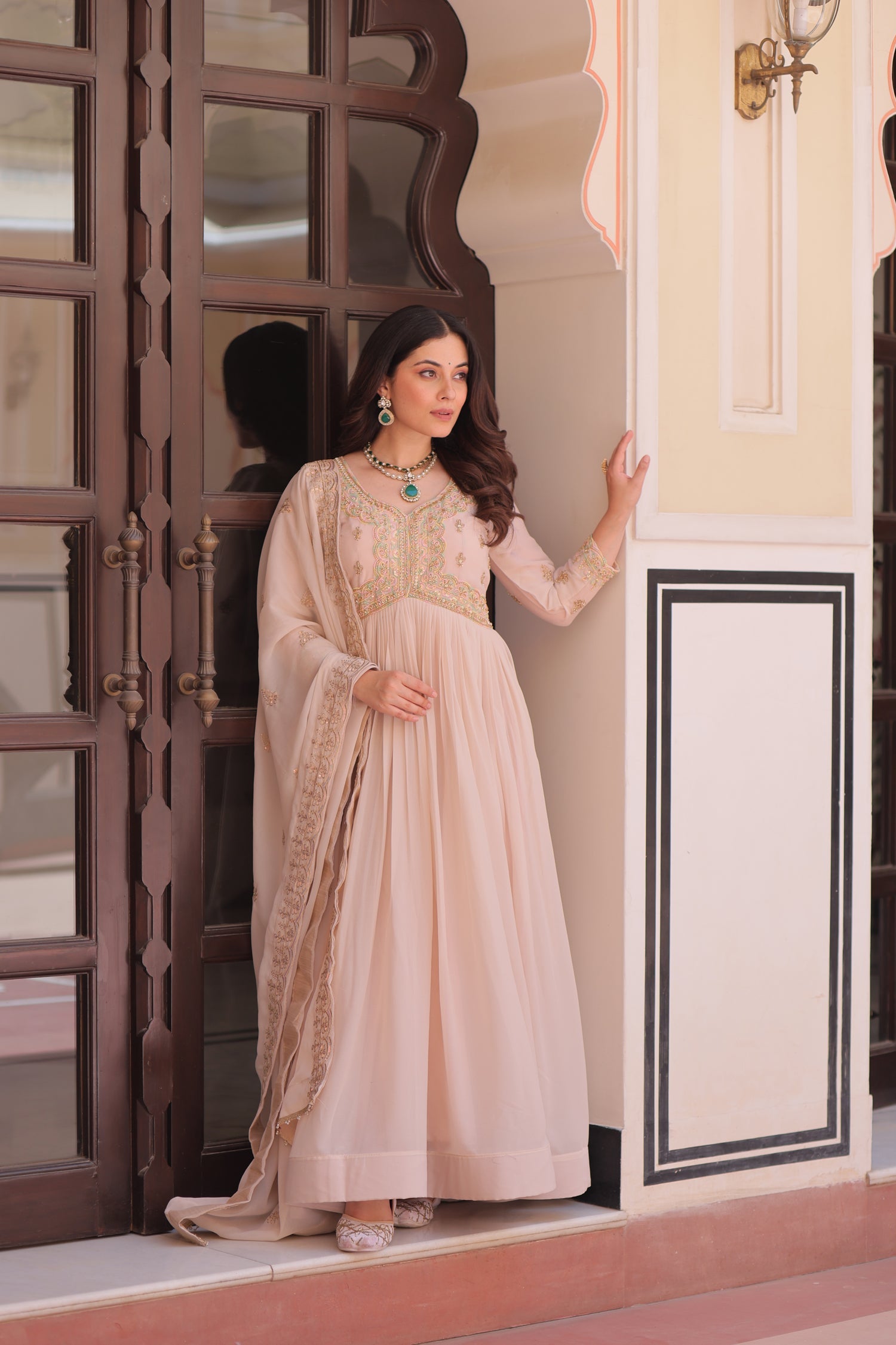 Peach Star Georgette Anarkali Gown with Multi Embroidered Work