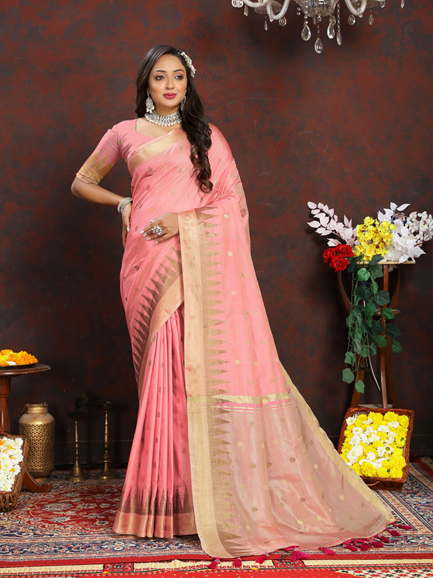 Peach Soft Katan Silk Saree with Traditional Zari Weaving Pallu
