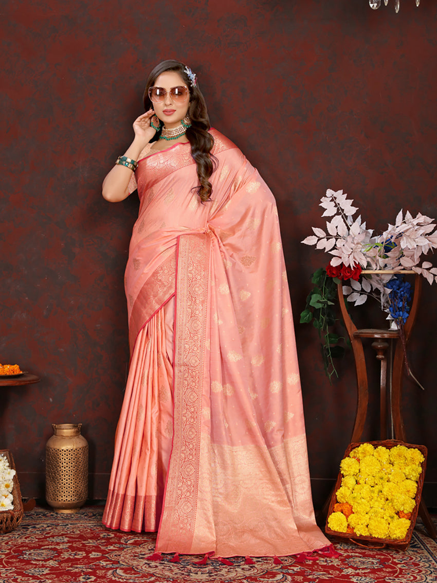 Peach Soft Katan Silk Saree with Intricate Zari Woven Pallu