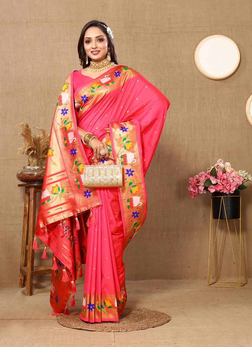 Peach Soft Paithani Silk Saree with Rich Zari Meenakari Weaving