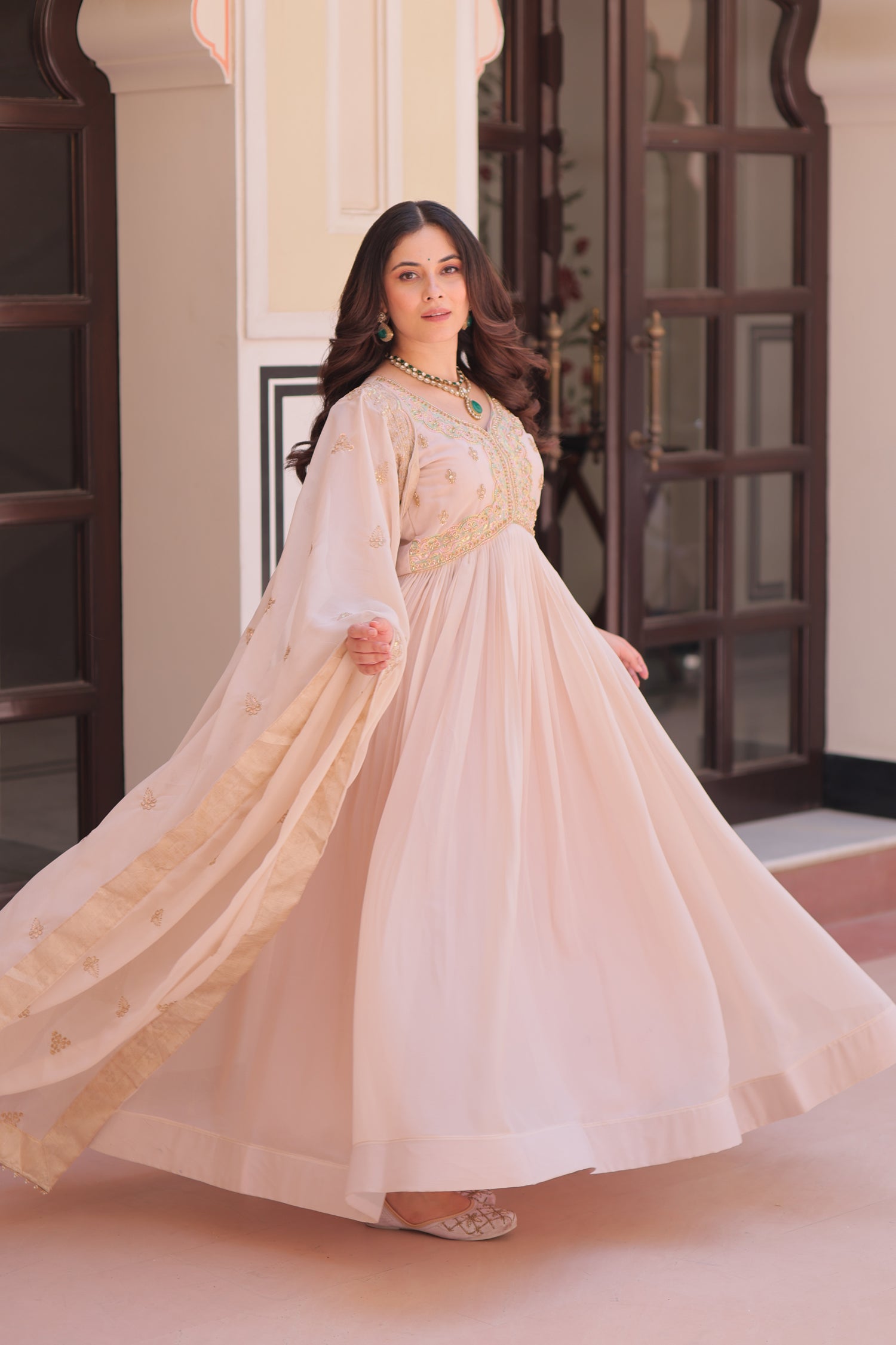 Peach Star Georgette Anarkali Gown with Multi Embroidered Work
