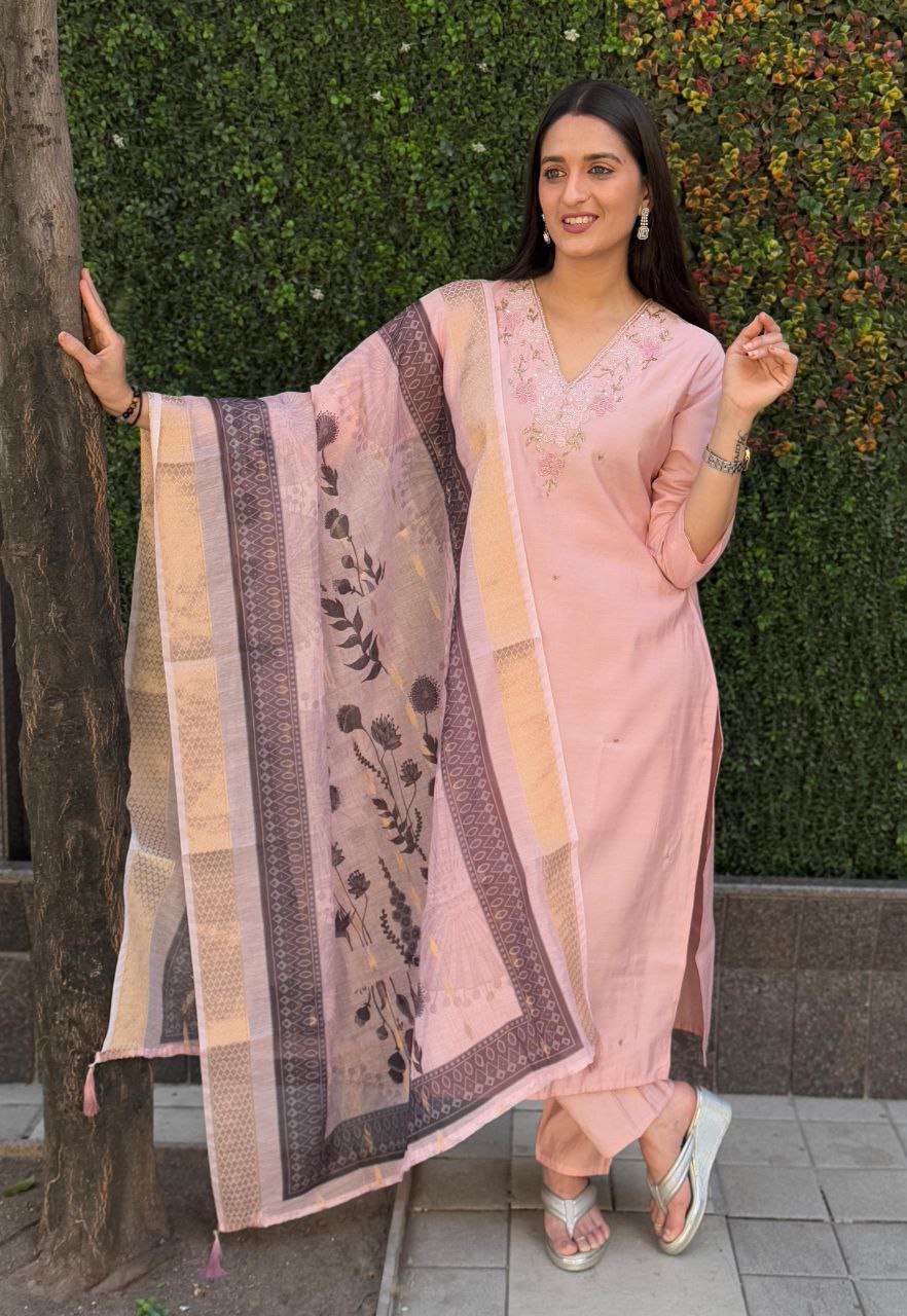 Lorenvalley Fashion Peach Roman Silk Hand Work Kurta Pant with Dupatta