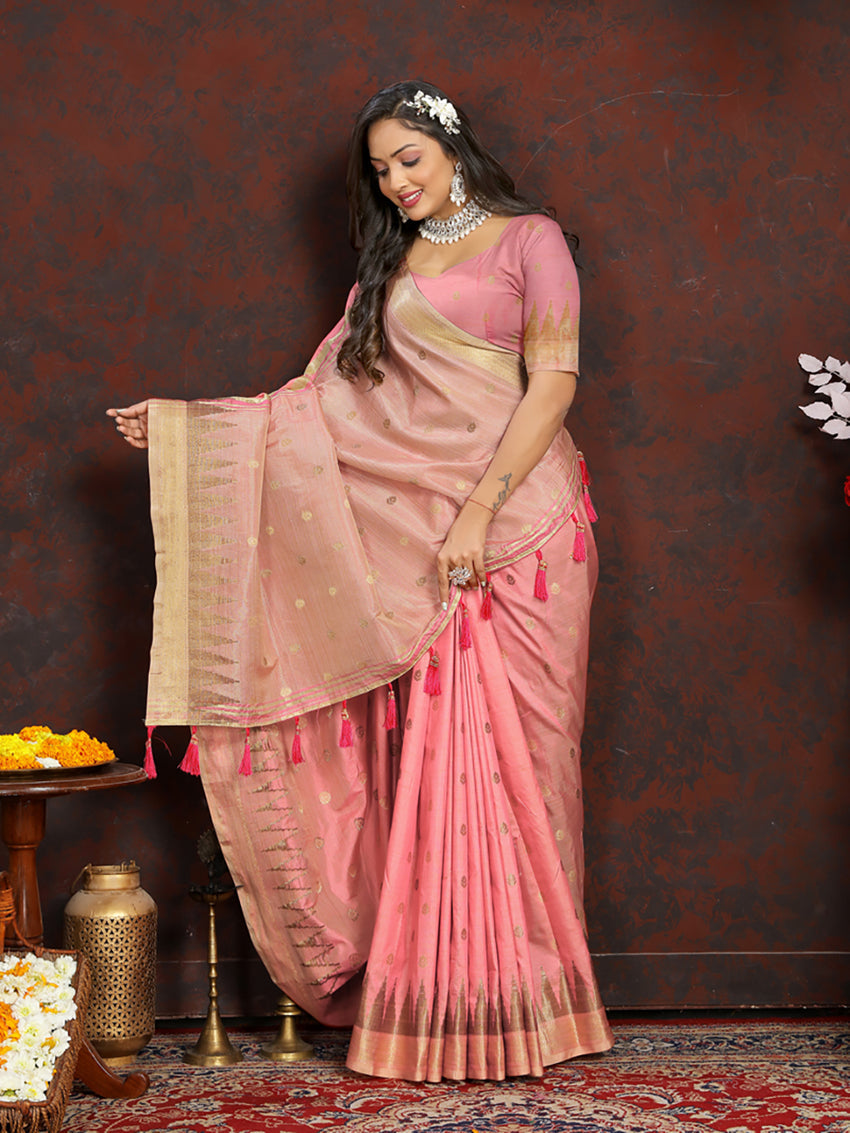 Peach Soft Katan Silk Saree with Traditional Zari Weaving Pallu