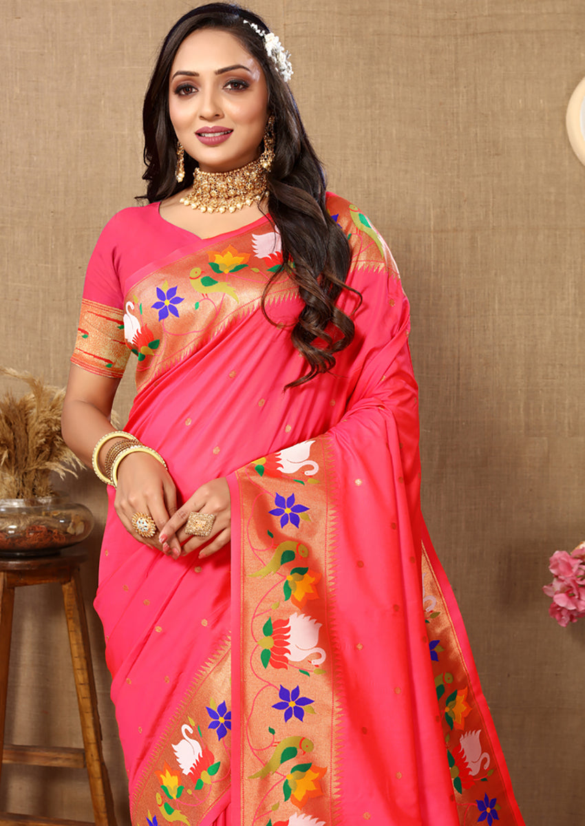 Peach Soft Paithani Silk Saree with Rich Zari Meenakari Weaving