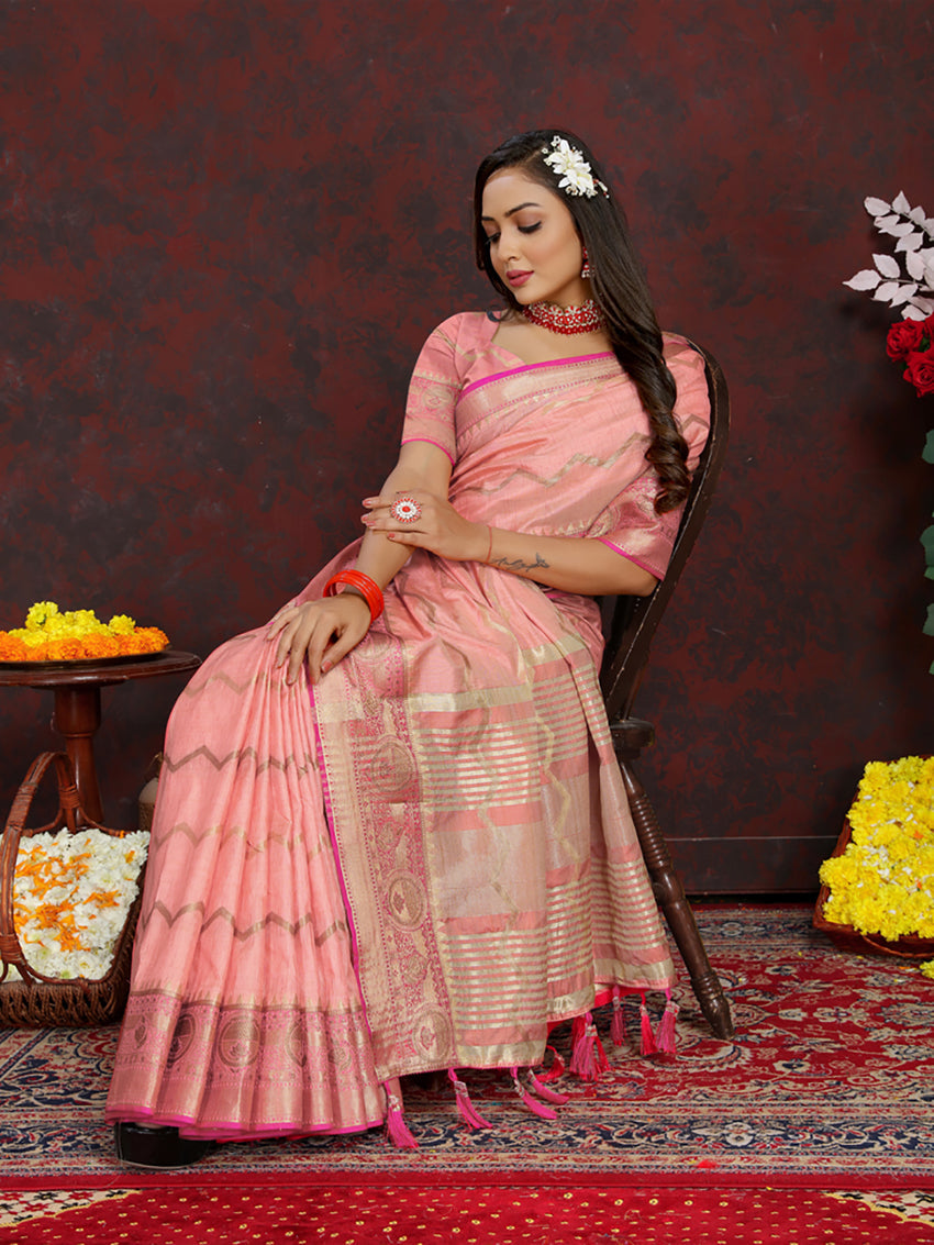 Peach Soft Katan Silk Saree with Zari Woven Pallu