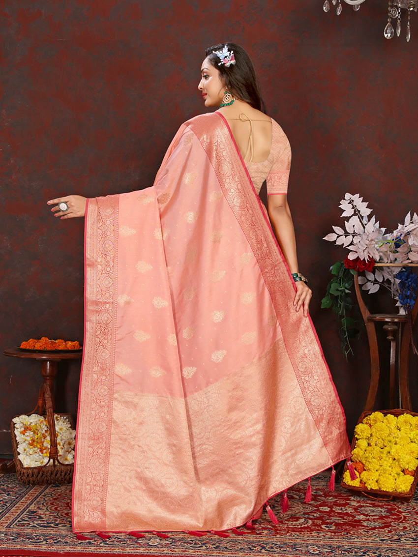 Peach Soft Katan Silk Saree with Intricate Zari Woven Pallu